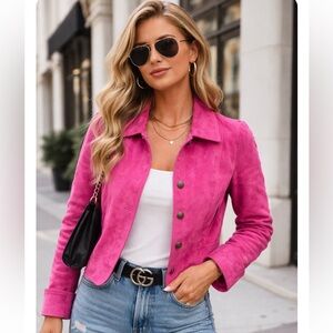 L Live a Little Women's Pink Blazer Jacket Size Large, 100% Leather, Long Sleeve